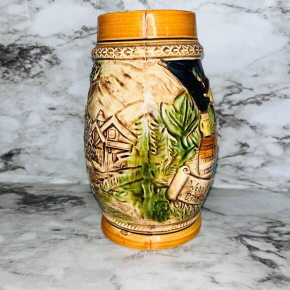 Vintage | German Style Beer Ceramic Pitcher | Tan | 8" Tall - Picture 2 of 6